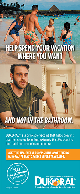 Brochure cover for Dukoral vaccine against Enterotoxigenic E. coli