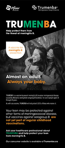 Brochure cover of Trumenba vaccine for adolescents and young adults against meningitis B